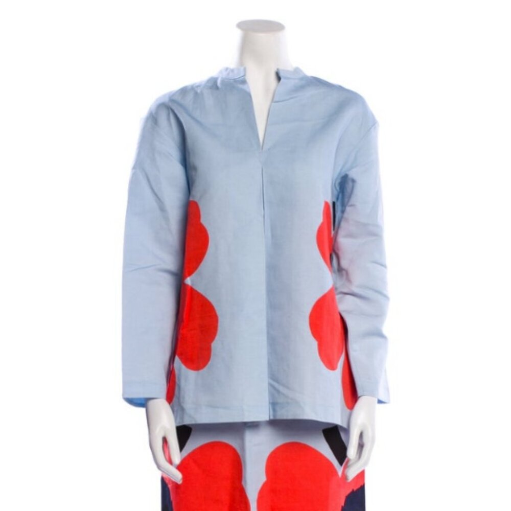 Marimekko Kaksi Heijastus Unikko Kerran Cotton Linen Shirt Size 34 US 2 Blue/Red